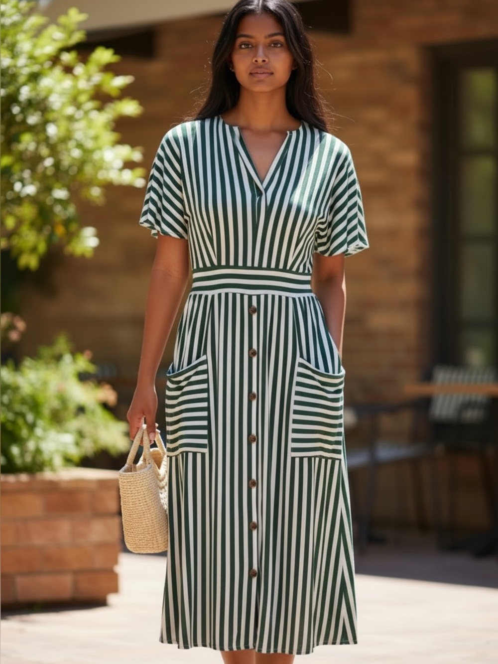 PHILOSOPHY Green and White Vertical Stripe Button-Down Midi Dress